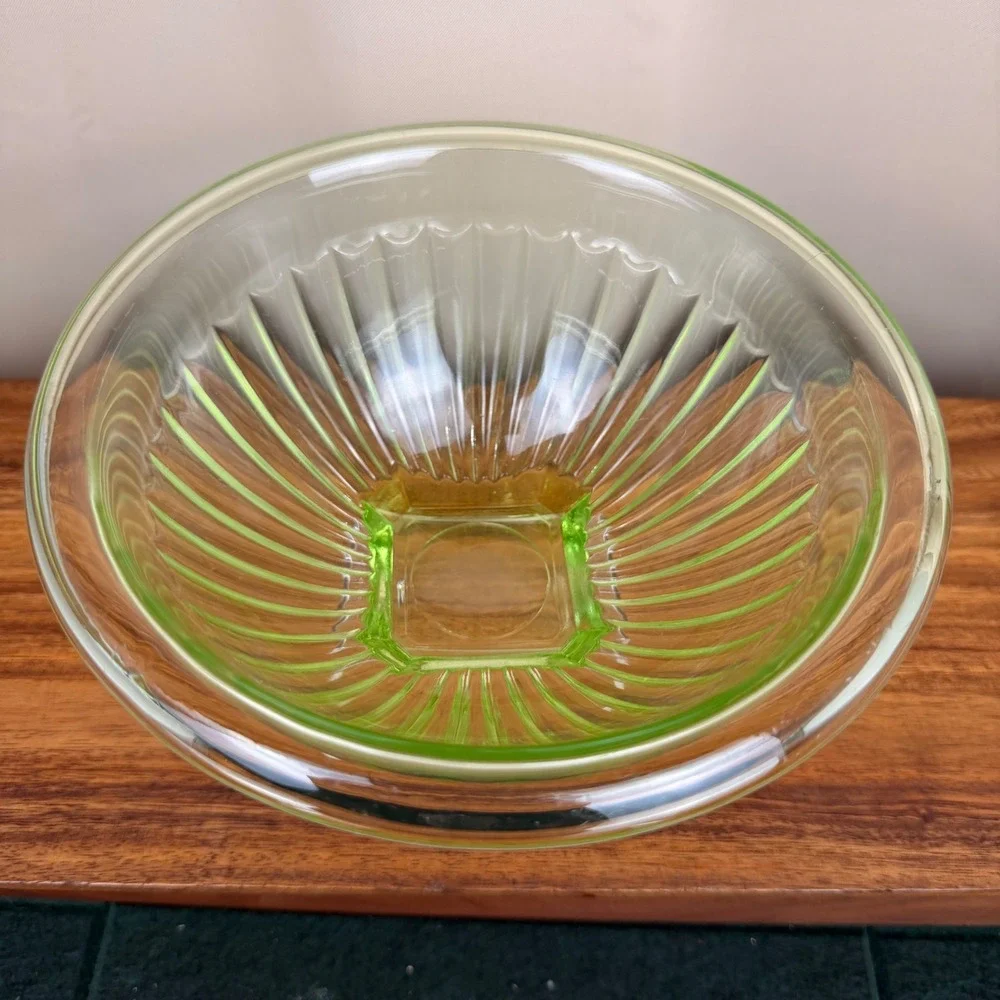 Vintage Hazel Atlas Uranium Glass Ribbed Mixing Bowl Green Depression Glass 8in